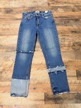 PAIGE Women's Medium Blue Straight Leg Jeans with Distressed Patchwork